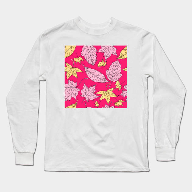 Leaves Pattern with Pink Background Long Sleeve T-Shirt by Pop Cult Store